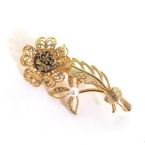 Vintage Estate Gold Tone Damascene Ornamental Faux Pearl Floral Flower Brooch